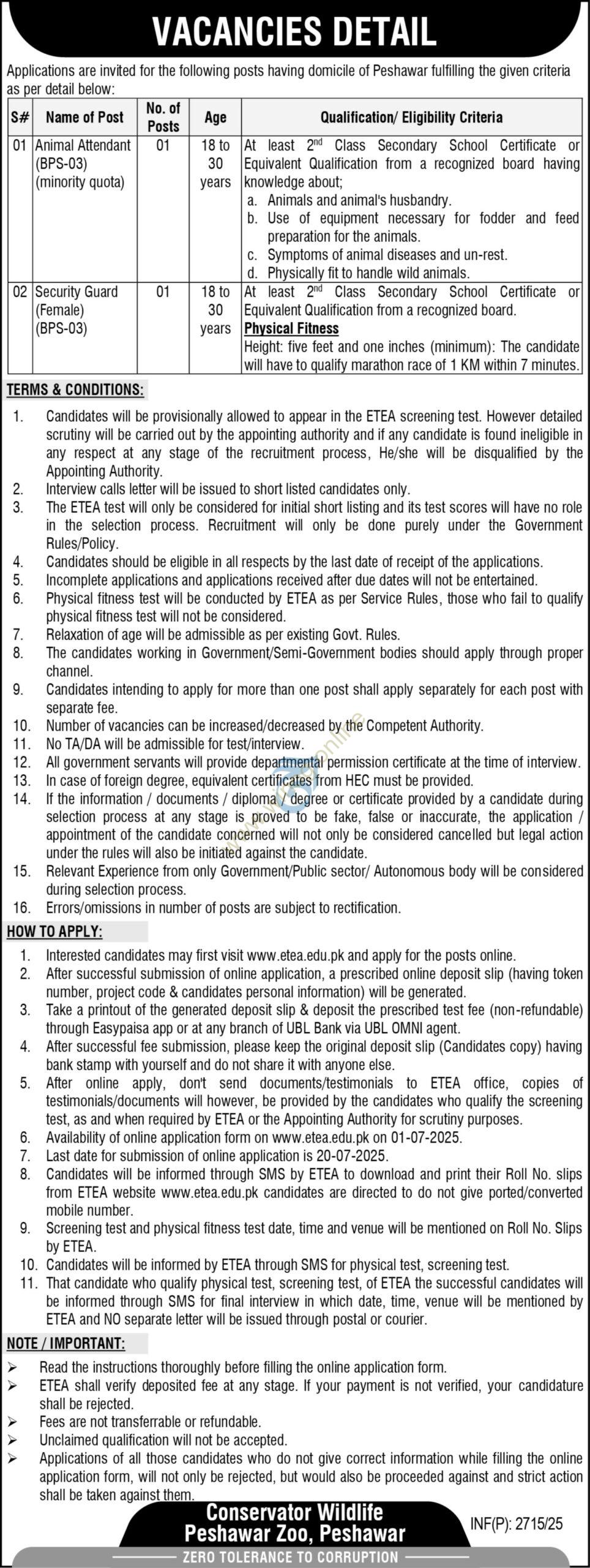 Peshawar Zoo Jobs 2025 For Animal Attendant