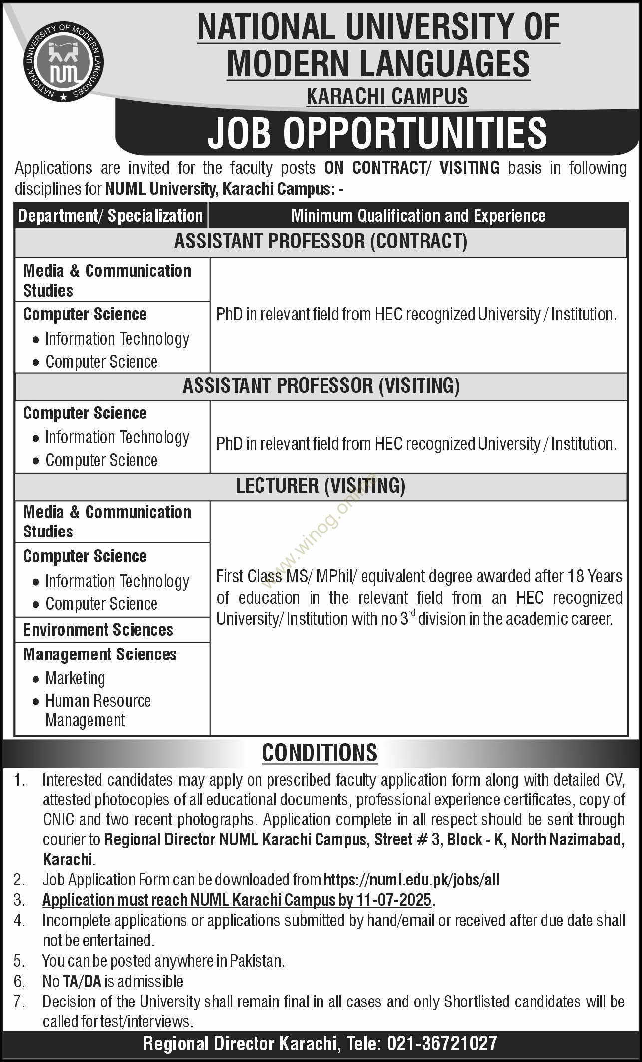 NUML Karachi Jobs 2025